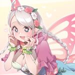  1girl ahoge blue_eyes braid breasts butterfly_wings capelet cleavage commentary_request commission commissioner_upload fairy_wings fire_emblem fire_emblem_fates fire_emblem_heroes flower flower_bracelet fujoshi gradient_clothes green_bracelet hair_vines hands_on_own_face heart heart_in_eye highres insect_wings kishiro_azuhito leaf_bracelet long_hair low_twin_braids nina_(fire_emblem) nina_(resplendent)_(fire_emblem) official_alternate_costume open_mouth parted_bangs pink_capelet pink_flower skeb_commission solo symbol_in_eye twin_braids vine_belt vine_bracelet vine_harness white_flower wings 