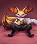 anthro bed braixen canid canine clothed clothing clothing_lift female fox fur furniture generation_6_pokemon genitals godforgiveme4 hi_res inner_ear_fluff mammal nintendo on_bed orange_body orange_fur pokemon pokemon_(species) presenting presenting_pussy pussy solo stick tail tuft yellow_body yellow_fur