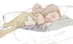  1boy 2girls blonde_hair boy_and_girl_sandwich brother_and_sister closed_eyes dungeon_meshi elf english_commentary falin_thorden laios_thorden light_blush long_hair marcille_donato multiple_girls parted_bangs partially_colored pointy_ears sandwiched short_hair siblings sleeping smile under_covers wenli white_background 