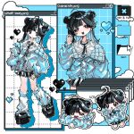  1girl 8xvly black_footwear black_hair black_necktie blue_theme collared_shirt cursor drop_shadow grey_shirt hand_up heart highres multiple_views necktie no_nose open_mouth original shirt shoes window_(computing) 