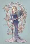  1girl aqua_background artist_name blonde_hair blue_dress blue_gloves bouquet cane crescent crescent_hair_ornament dress druvis_iii flower full_body gloves green_eyes hair_ornament hand_up highres hobble_dress holding holding_bouquet holding_cane juliet_sleeves leaf_hair_ornament long_dress long_sleeves looking_at_viewer medium_hair mistletoe oval pink_flower pink_lips puffy_sleeves reverse:1999 solo v-neck ya_(witchroy) 