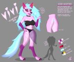 anthro blue_hair breasts canid canine canis clothing english_text female hair hi_res larger_female mammal model_sheet pink_body red_eyes size_difference solo tail text topwear underwear vivi_(vivzlover) vivzlover wolf
