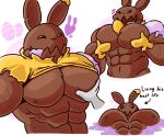 2022 abs anthro barazoku big_pecs brown_body bun_bun_(fortnite) candy chocolate clothing dessert epic_games food food_creature fortnite happy hearts_around_head its_coldpizza lagomorph leporid living_candy living_chocolate male mammal muscular muscular_anthro muscular_male nipples object_between_breasts open_mouth pec_grab pecs rabbit solo text tongue tongue_out yellow_clothing