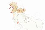  1girl angelic_layer blanche_(angelic_layer) blending blonde_hair blunt_bangs capelet dress from_side hat juliet_sleeves long_sleeves looking_at_viewer nurse_cap orange_eyes parted_lips profile puffy_sleeves short_hair solo sshm0 white_background white_capelet white_dress white_hat 
