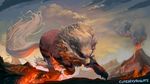  artist_name cloud cloudy_sky cutesexyrobutts eruption fire gen_1_pokemon mane molten_rock no_humans pokemon pokemon_(creature) signature sky solo tail volcano 