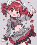  1girl ai-generated blush commentary_request create_hamster grey_background grey_shirt grey_skirt highres kasane_teto kasane_teto_(sv) looking_at_viewer midriff navel open_mouth red_eyes red_hair shirt skirt solo star_(symbol) synthesizer_v utau 
