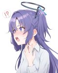  !? 1girl absurdres blue_archive blue_eyes blush collared_shirt commentary ear_blush embarrassed eyelashes from_side hair_between_eyes hair_intakes halo hand_on_own_neck hand_up hickey highres long_hair long_sleeves looking_afar mechanical_halo nose nose_blush open_mouth pikao purple_hair shirt simple_background solo speech_bubble surprised sweatdrop symbol-only_commentary tsurime two_side_up upper_body white_background white_shirt yuuka_(blue_archive) 