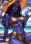  absurdres arm_support beach bikini black_hair breasts colored_skin day demon_tail gold_bikini hat highres horns inspy_art lips long_hair looking_at_viewer medium_breasts navel original outdoors pointy_ears purple_skin sitting sun_hat swimsuit tail tiefling v web_address yellow_eyes 