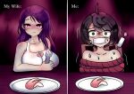  1boy 1girl absurdres ahoge apron bare_shoulders black_hair breasts chokilicious cleavage clothing_cutout commander_(nikke) dart dating fork gag goddess_of_victory:_nikke hair_between_eyes heart_cutout highres holding holding_fork improvised_gag isabel_(nikke) large_breasts long_hair looking_at_another purple_eyes purple_hair scared short_hair smile tape tape_gag tranquilizer_dart trembling white_apron yandere 