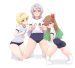  3girls :p blonde_hair blue_eyes brown_hair from_behind goha_yuuna gradient_hair green_eyes green_hair grey_hair hair_ribbon hairband long_hair looking_at_viewer looking_back medium_hair multicolored_hair multiple_girls ohdo_yuamu pink_hairband purple_eyes red-framed_eyewear red_ribbon ribbon simple_background thighs tongue tongue_out white_background yonekura_hisaki yu-gi-oh! yu-gi-oh!_go_rush!! 