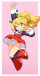  1girl absurdres animalmaster arm_up blonde_hair bow bowtie commentary_request frills full_body green_eyes green_ribbon grin hair_ribbon happy highres long_hair mega_man_(classic) mega_man_(series) one_eye_closed panties pillarboxed pink_background ponytail red_bow red_bowtie red_skirt ribbon roll_(mega_man) skirt smile solo teeth underwear white_panties 