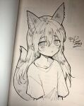  1girl animal_ears blush commentary_request cropped_torso fox_ears fox_girl fox_tail highres kanimura_ebio long_hair looking_at_viewer marker_(medium) monochrome original parted_lips photo_(medium) shirt signature solo t-shirt tail traditional_media 