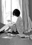  1girl bob_cut book cigarette facing_away from_side greyscale highres holding holding_cigarette knees_up kyohai_9 monochrome on_floor open_window original shirt short_hair shorts sitting smoke smoking solo tatami window 