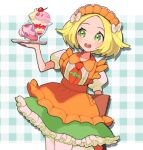  1girl alternate_costume apron bianca_(pokemon) blonde_hair blush_stickers bow buttons cup dessert eneko_(olavcnkrpucl16a) eyelashes food frilled_skirt frills green_eyes green_skirt hair_bow hand_up headdress highres holding open_mouth orange_apron plaid plaid_background pokemon pokemon_bw puffy_sleeves shirt short_hair short_sleeves skirt solo teacup teeth tie_clip upper_teeth_only white_shirt 