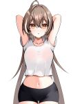  1girl :o absurdres ahoge alternate_costume arms_behind_head arms_up bike_shorts black_shorts brown_eyes brown_hair casual crop_top crossed_bangs double-parted_bangs hair_between_eyes hair_down highres hololive hololive_english long_hair looking_at_viewer midriff multicolored_hair nanashi_mumei navel open_mouth panpanmc4 shirt shorts streaked_hair sweat sweatdrop t-shirt very_long_hair virtual_youtuber wet wet_clothes wet_shirt white_shirt 