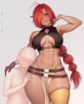 1girl 1other abs absurdres anna_o_renko ass_visible_through_thighs belt blush breasts commission crop_top dark-skinned_female dark_skin faceless_other facial_tattoo grin hair_over_one_eye hand_on_another&#039;s_thigh height_difference highres hug huge_breasts jeannie_(mahou_senshi_louie) long_hair looking_at_viewer mahou_senshi_louie muscular muscular_female navel nipples parted_bangs pelvic_curtain ponytail red_eyes red_hair single_thighhigh smile stomach tattoo thick_thighs thigh_gap thighhighs thighs very_long_hair white_background 