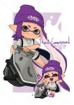  1girl ^_^ arms_up beanie bloblobber_(splatoon) border chibi chibi_inset closed_eyes closed_mouth commentary_request commission coula_cat grey_eyes hat holding holding_weapon ink_tank_(splatoon) inkling inkling_girl inkling_player_character long_hair multiple_views open_mouth outside_border pink_hat pointy_ears print_headwear purple_hair smile splatoon_(series) splatoon_3 tentacle_hair thank_you weapon white_border 