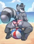 anthro ball beach beach_ball biped breasts butt clothed clothing female hi_res inflatable mammal pattern_clothing procyonid raccoon rear_view solo striped_clothing stripes tail yarney