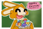 anthro apricot_(yare) basket buckteeth container easter easter_egg eyes_closed fur happy holding_container holding_object holidays lagomorph leporid male mammal open_mouth orange_body orange_fur rabbit solo teeth text theenyface toony