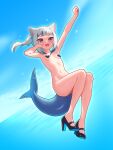  1girl :d absurdres animal_ears armpits arms_up black_footwear blue_background blue_eyes blue_hair blue_sky blunt_bangs blush breasts cat_ears clenched_hands commentary english_commentary fins fish_tail full_body gawr_gura gawr_gura_(casual) grey_hair heart_pasties high_heels highres hololive hololive_english looking_at_viewer midair moriforests multicolored_hair navel nude ocean open_mouth pasties shark_girl shark_tail sharp_teeth shiny_skin short_hair side_ponytail sky small_breasts smile solo stomach streaked_hair tail teeth two-tone_hair two_side_up upper_teeth_only virtual_youtuber water water_drop 