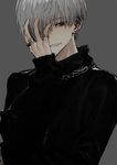  bad_id bad_twitter_id black_eyes black_jacket chain earrings grey_background hair_over_one_eye hirota_tsuu jacket jewelry long_sleeves looking_at_viewer male_focus original parted_lips ring silver_hair simple_background smile solo upper_body 