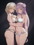  2girls absurdres ade_(nikke) bikini black_bikini breasts brown_hair cleavage crossover elias2art emilia_(re:zero) goddess_of_victory:_nikke green_eyes highres long_hair looking_at_viewer maid_headdress medium_breasts multiple_girls navel purple_eyes purple_hair re:zero_kara_hajimeru_isekai_seikatsu smile standing swimsuit white_bikini 