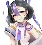  1girl absurdres black_hair earrings goddess_of_victory:_nikke guaiava1 hair_ribbon highres jewelry laughing looking_at_viewer medium_hair mole mole_under_eye multicolored_hair purple_eyes purple_hair purple_ribbon ribbon shirt sleeveless sleeveless_shirt smile smug solo streaked_hair syuen_(nikke) teeth white_background white_hair white_shirt 