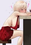  1girl absurdres alternate_breast_size anshinmama bare_shoulders blonde_hair blush breasts closed_eyes commentary_request crossed_arms cup dress drinking_glass drunk from_side hanging_breasts highres large_breasts lycoris_recoil nishikigi_chisato no_bra nose_blush on_stool paid_reward_available pointy_breasts red_dress revealing_clothes sideless_dress simple_background sitting solo wine_glass 