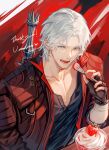  1boy blue_eyes coat dante_(devil_may_cry) dessert devil_may_cry_(series) devil_may_cry_5 fingerless_gloves food fruit gloves highres holding ice_cream lolvivianli long_hair looking_at_viewer male_focus red_coat smile spoon strawberry sundae whipped_cream white_hair 