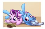  2017 blue_hair book border cute duo equine eyelashes female friendship_is_magic hair hi_res horn lachlan765 lying mammal multicolored_hair my_little_pony on_back on_top open_mouth purple_eyes reading smile starlight_glimmer_(mlp) tongue trixie_(mlp) two_tone_hair unicorn white_border 