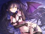  1girl \||/ armpit_crease asmr bare_shoulders bed_sheet black_bow black_hair black_panties black_thighhighs blush bow breasts cleavage commentary_request cowboy_shot curvy demon_girl demon_horns demon_tail demon_wings detached_sleeves dutch_angle eyelashes finger_to_mouth fingernails frilled_thighhighs frills furrowed_brow groin hair_between_eyes hair_ornament hair_spread_out hand_up heart_o-ring horns index_finger_raised large_breasts long_hair looking_at_viewer lying micro_panties navel official_art on_back open_mouth original otosume_ruiko panties pointy_ears seductive_smile sidelighting skindentation sleeves_past_wrists smile solo tail thighhighs tsurime twintails underwear very_long_hair wings x_hair_ornament yellow_eyes 
