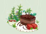  abaoyin blush chocolate_syrup food food_focus fruit mousse_(food) no_humans original painttool_sai_(medium) panda plant plate rabbit ramekin simple_background strawberry 