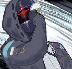  1other arknights arm_up black_gloves black_jacket chinese_commentary commentary_request cup diffraction_spikes doctor_(arknights) gloves grey_shirt highres holding holding_cup hood hood_up hooded_jacket jacket jojo_no_kimyou_na_bouken long_sleeves meme open_clothes open_jacket piss_tea_(meme) runyo_(yale12312) shirt sketch solo teacup upper_body vento_aureo 