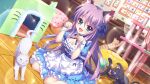  1girl :d animal_ears apron aqua_eyes ball bell black_cat blue_choker blue_dress blue_ribbon breasts cat cat_ears cat_girl cat_tail chair choker cleavage counter dot_nose dress dutch_angle fake_animal_ears fake_tail fang film_grain game_cg hair_ribbon indoors izumi_tsubasu jingle_bell lens_flare long_hair looking_at_viewer medium_breasts neck_bell non-web_source official_art open_mouth paw_pose paw_print picture_frame pillow print_pillow purple_hair re:stage! ribbon sitting smile solo sparkle tabby_cat tail tsukisaka_sayu wariza white_apron white_cat white_wrist_cuffs wooden_floor wrist_cuffs 