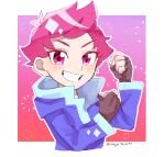  1girl artist_name cyappy1022 fingerless_gloves gloves grin highres hood hooded_dress hoodie kumatora looking_at_viewer mother_(game) mother_3 pink_eyes pink_hair short_hair smile solo upper_body 