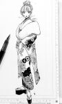  1girl art_tools_in_frame blush full_body fur_shawl greyscale hair_up highres japanese_clothes kimono looking_at_viewer monochrome nib_pen_(medium) nib_pen_(object) okobo open_mouth original pen photo_(medium) print_kimono sandals shawl tabi traditional_media yamagata_atsuka 