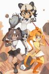  3girls :&lt; african_wild_dog_(kemono_friends) african_wild_dog_print alternate_skin_color animal_ears animal_print arms_up artist_name bear_ears bike_shorts bike_shorts_under_skirt black_eyes black_hair blush_stickers bo_staff bodystocking bow bowtie breast_pocket brown_bear_(kemono_friends) brown_eyes brown_hair cellien_(kemono_friends) chibi chibi_only circlet closed_mouth dark-skinned_female dark_skin denim denim_shorts dog_ears dog_girl dog_tail elbow_gloves fighting_stance fingerless_gloves foot_up full_body gloves golden_snub-nosed_monkey_(kemono_friends) grey_hair hair_ears highres holding holding_polearm holding_weapon kemono_friends layered_sleeves leotard long_hair long_sleeves looking_at_viewer louyse_cosa medium_hair microskirt miniskirt monkey_ears monkey_girl monkey_tail multicolored_hair multiple_girls open_mouth orange_hair orange_thighhighs parted_lips paw_stick pocket polearm print_sleeves rectangular_mouth sharp_teeth shirt shoes short_hair short_over_long_sleeves short_shorts short_sleeves shorts skirt standing standing_on_one_leg tail teeth thighhighs two-tone_hair very_long_hair weapon white_hair white_shirt 