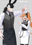  1boy 1girl ace_attorney animal_ears apron athena_cykes black_apron black_bow black_hair black_necktie black_vest blue_eyes bow collared_shirt crescent crescent_earrings earrings fake_animal_ears fake_tail grabbing gumi_(gelatin) hair_between_eyes hair_bow highres holding holding_tray jewelry long_hair long_sleeves looking_at_another multicolored_hair necklace necktie open_mouth orange_hair rabbit_ears rabbit_tail shirt side_ponytail simon_blackquill single_earring sweatdrop tail tray twitter_username two-tone_hair vest white_apron white_hair white_shirt 