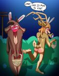 absurd_res anthro antlers ariel_(deerkid) basket blush blushing_profusely body_blush bovid brown_body brown_fur butt butt_blush capri_(deerkid) caprine censored censored_genitalia container crotch_blush deer deerkid dialogue duo easter easter_egg egg fake_ears fake_rabbit_ears female fur goat hair head_tuft hi_res holding_basket holding_container holding_egg holding_object holidays hooves horn male male/female mammal night orange_hair plant public public_nudity rear_view shadow shrub smile speech_bubble streaking tail tan_body tan_fur teeth text tuft utility_pole