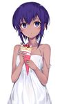  :o alternate_costume bare_shoulders blush dark_skin dress fate/prototype fate/prototype:_fragments_of_blue_and_silver fate_(series) food food_on_face fruit hair_between_eyes hassan_of_serenity_(fate) holding holding_food ice_cream monobe_tsukuri purple_eyes purple_hair short_hair solo spaghetti_strap strap_slip strawberry white_background white_dress 