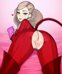  1girl anus ass blonde_hair bodysuit english_commentary from_behind gloves green_eyes hair_ornament hairclip heart highres long_hair loodncrood looking_at_viewer looking_back persona persona_5 pink_background pink_gloves pussy red_bodysuit red_footwear smile solo takamaki_anne teeth twintails upper_teeth_only 