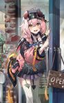  1girl :d animal_ears arknights black_choker black_hairband black_jacket braid brick_wall cat_ears cat_girl cat_tail checkered_floor choker commentary door doorway english_commentary floppy_ears garter_straps goldenglow_(arknights) hairband high-waist_skirt highres id_card jacket lightning_bolt_print long_hair looking_at_viewer miniskirt multicolored_clothes multicolored_jacket open_clothes open_jacket open_mouth open_sign opening_door paw_print pink_hair pink_jacket pleated_skirt pov_doorway print_hairband purple_skirt scissors shirt side_braid sign skirt smile solo tail teeth thighhighs toga_(toganawa) upper_teeth_only white_shirt white_thighhighs window yellow_eyes 