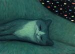  animal animal_focus cat closed_mouth commentary_request green_theme half-closed_eyes highres karin_hosono looking_at_viewer lying no_humans on_side original painting_(medium) realistic sideways solo traditional_media upper_body 