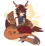  1boy ahoge animal_feet animal_hands artist_name baggy_pants brown_hair brown_wings chinese_zodiac claws commentary cup dragon_horns dragon_tail english_commentary fauxpapillon feathered_wings floral_background full_body granblue_fantasy hair_between_eyes highres horns kemonomimi_mode male_focus messy_hair one_eye_closed outline pants red_eyes red_pants sakazuki sandalphon_(granblue_fantasy) sitting sleeveless sleeveless_turtleneck tail talons turtleneck twitter_username white_outline wings year_of_the_dragon 