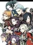  4boys 4girls absurdres aqua_hair aristocratic_clothes bernadetta_von_varley black_hair brown_hair caspar_von_bergliez dorothea_arnault edelgard_von_hresvelg everyone ferdinand_von_aegir fire_emblem fire_emblem:_three_houses fire_emblem_warriors:_three_hopes green_hair highres hubert_von_vestra linhardt_von_hevring multiple_boys multiple_girls orange_hair petra_macneary purple_hair umi_(_oneinchswing) white_hair 