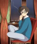  1boy anime_coloring ashtray between_legs black-framed_eyewear black_socks blue_sweater brown_eyes brown_hair chair cigarette closed_mouth collared_shirt commentary_request curtains fingernails full_body glasses grey_pants hand_between_legs hand_up horikoshi_jirou indian_style indoors kaze_tachinu long_sleeves looking_at_viewer male_focus night no_shoes on_chair pants round_eyewear scene_reference shirt short_hair sitting smoke smoking socks solo sweater tassel tottooo410_(romeo1207) turning_head white_shirt window 
