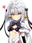  bangs bell bikini_top black_bikini_top black_gloves blush bow capelet closed_mouth dress elbow_gloves eyebrows_visible_through_hair fate/grand_order fate_(series) fur-trimmed_capelet fur_trim gloves green_bow hair_bow headpiece heart highres jeanne_d'arc_(fate)_(all) jeanne_d'arc_alter_santa_lily long_hair looking_at_viewer ribbon shimejinameko simple_background solo striped striped_bow striped_ribbon tsurime upper_body v-shaped_eyebrows very_long_hair white_background white_capelet white_dress white_hair yellow_eyes 