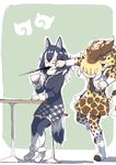  absurdres animal_ears belt black_hair black_jacket black_legwear boots breast_pocket brown_hair brown_neckwear cup fur_collar fur_trim giraffe_ears giraffe_horns giraffe_print giraffe_tail grey_wolf_(kemono_friends) highres holding holding_cup jacket japari_symbol kemono_friends long_hair long_sleeves miniskirt multicolored multicolored_clothes multicolored_hair multicolored_legwear multiple_girls no_eyes plaid plaid_neckwear plaid_skirt pleated_skirt pocket print_legwear print_skirt punching reticulated_giraffe_(kemono_friends) skirt stool table tail thighhighs uepon_(shimo_ponzu) white_footwear white_hair white_legwear wolf_ears wolf_tail zettai_ryouiki 