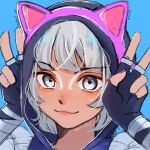  1girl animal_ears animification anono apex_legends black_hoodie blue_background cat_ears character_name conduit_(apex_legends) double_v fake_animal_ears freckles grey_eyes grey_hair highres hood hood_up hoodie looking_at_viewer official_alternate_costume player_one_conduit portrait short_hair smile solo twitter_username v 