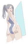  1girl :d @_@ ass black_hair blush breasts dark_skin fang hair_ornament hairclip hands_on_own_ass highres ijiranaide_nagatoro-san long_hair looking_back nagatoro_hayase one-piece_swimsuit ponytail skin_fang small_breasts smile solo standing swimsuit vivid507 
